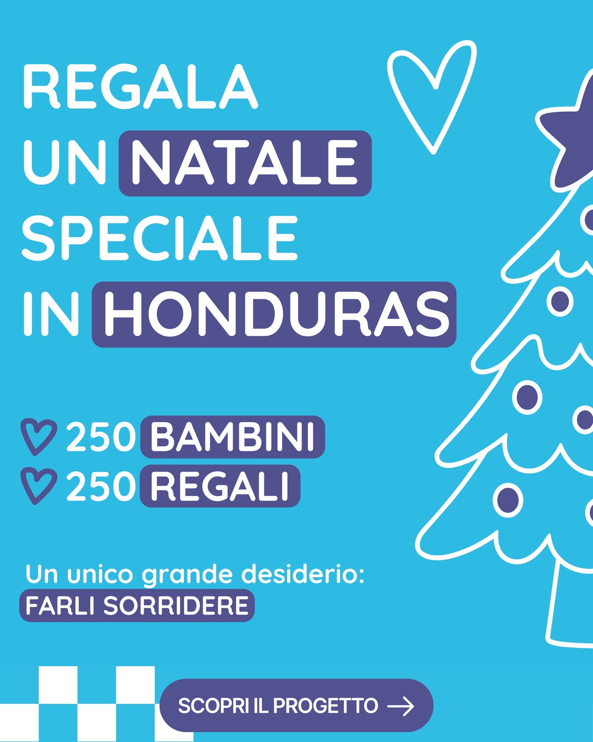Campagna di Natale di Nissi Project: Regala un Natale speciale in Honduras, 250 bambini e 250 regali, con un albero di Natale disegnato su sfondo azzurro
